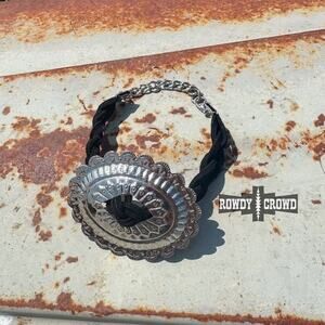 Western Cowgirl Cadillac Concho Braided Bracelet Black Silver